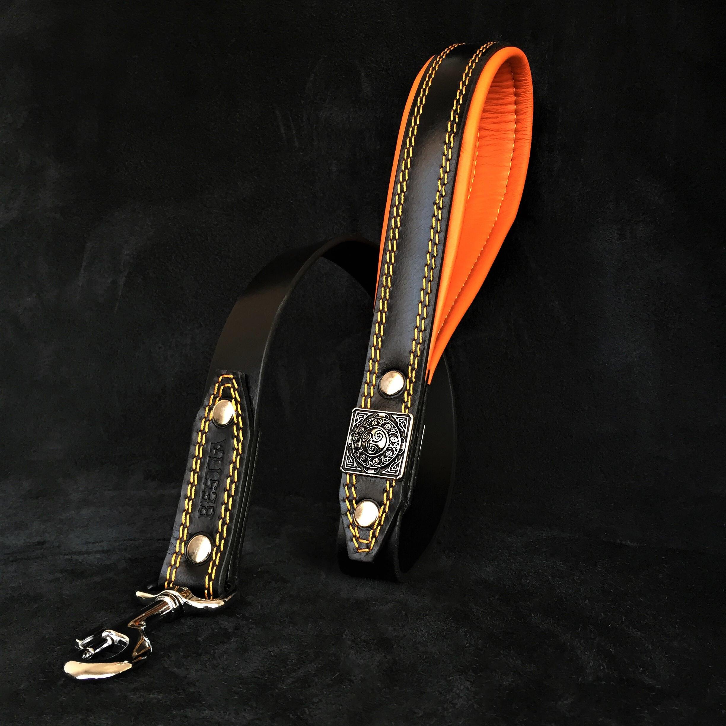 Eros Black & Orange Leather Dog Lead – Genuine Leather, Padded Handle