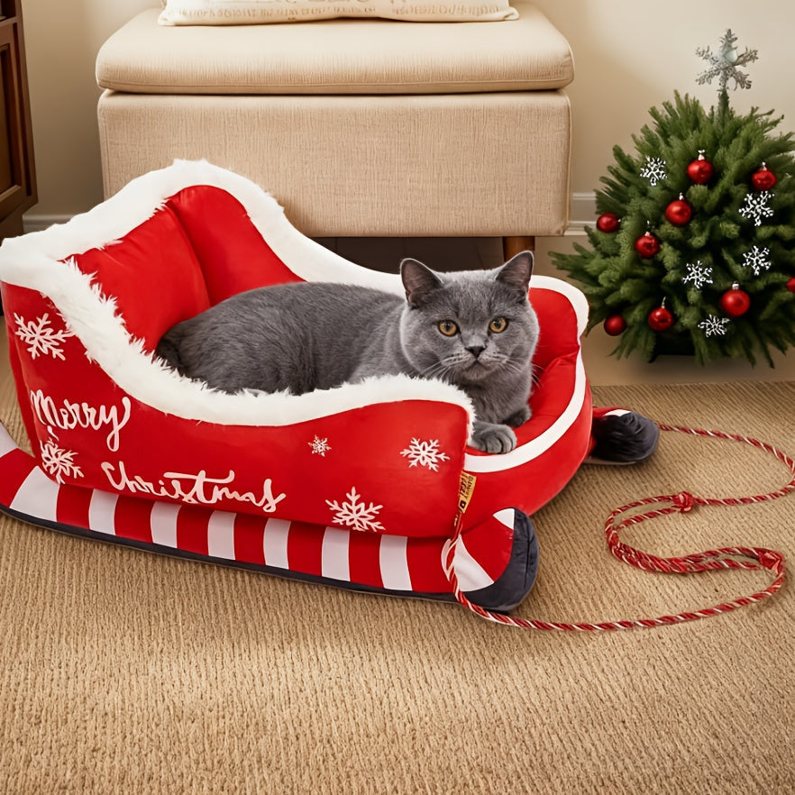 Holiday Christmas Plush Sled Dog & Cat Pet Bed Red