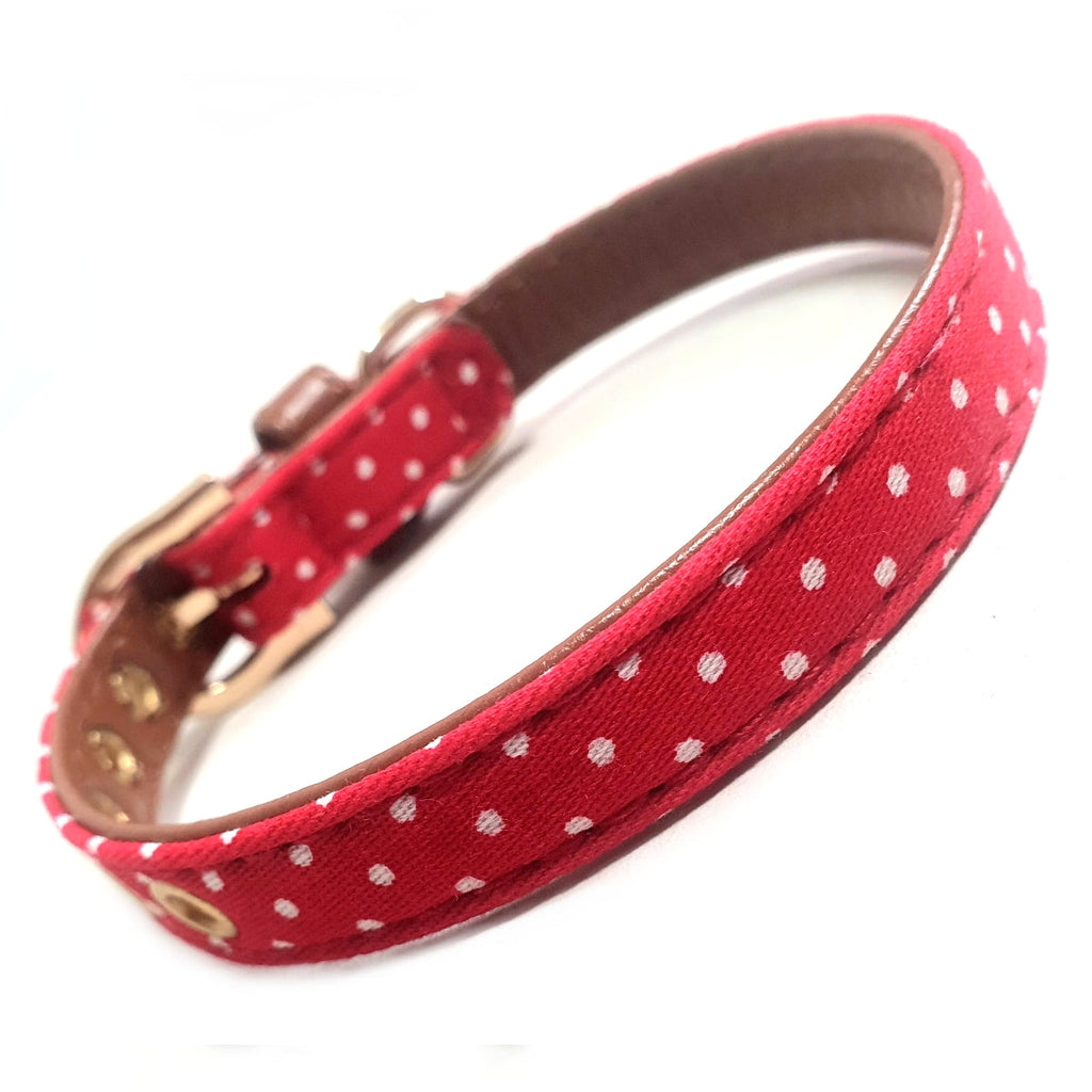 Christmas Festive Red Faux Leather Polka Dot Dog Collar with Gold Plated Buckle