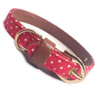 Christmas Festive Red Faux Leather Polka Dot Dog Collar with Gold Plated Buckle