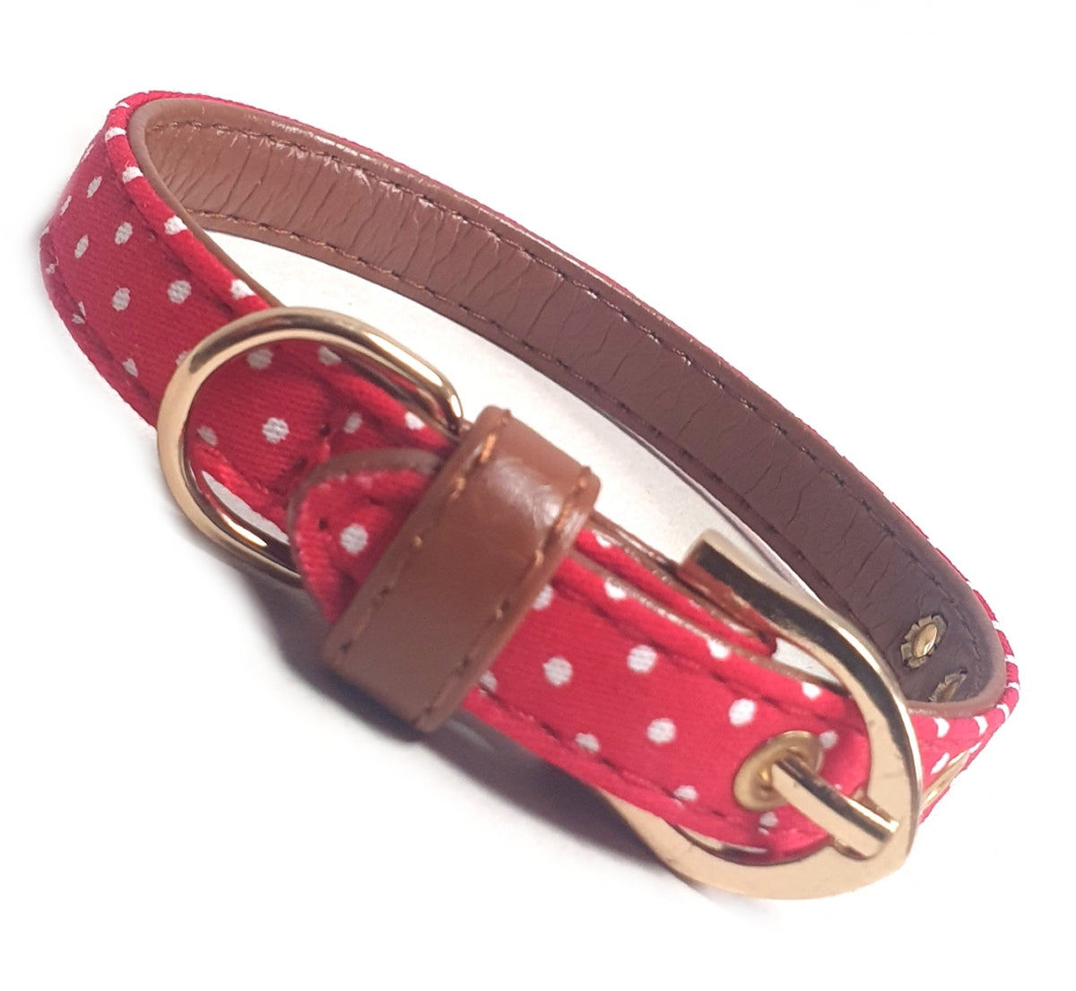 Christmas Festive Red Faux Leather Polka Dot Dog Collar with Gold Plated Buckle