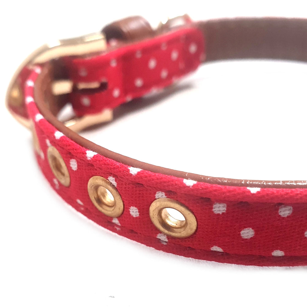 Christmas Festive Red Faux Leather Polka Dot Dog Collar with Gold Plated Buckle
