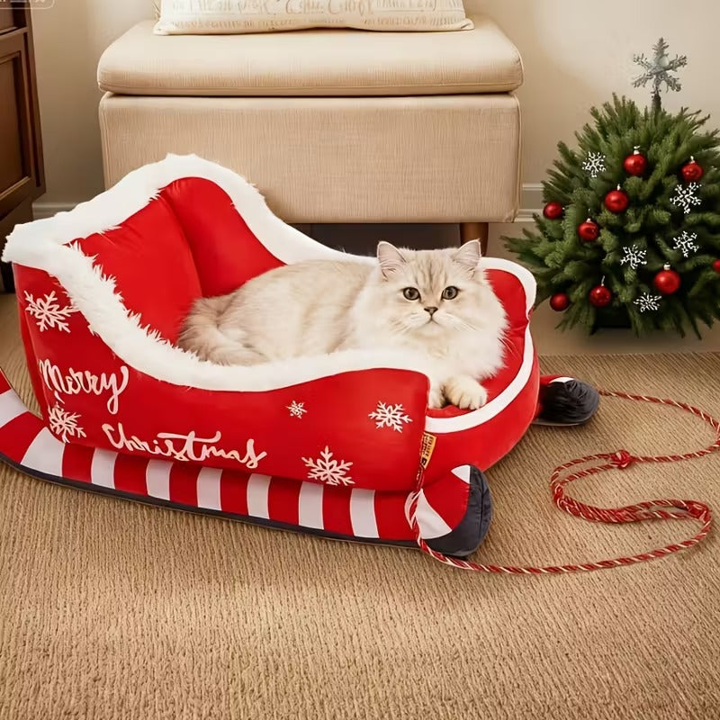 Holiday Christmas Plush Sled Dog & Cat Pet Bed Red
